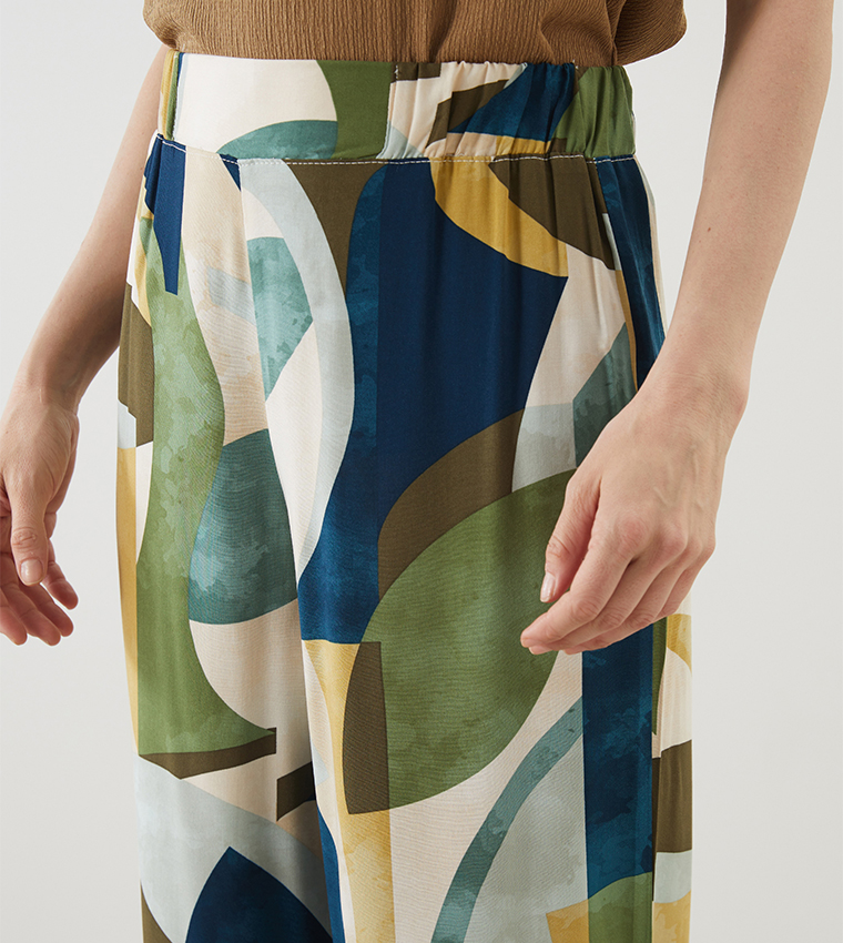 Patterned Elastic Waist Wide Leg Pants