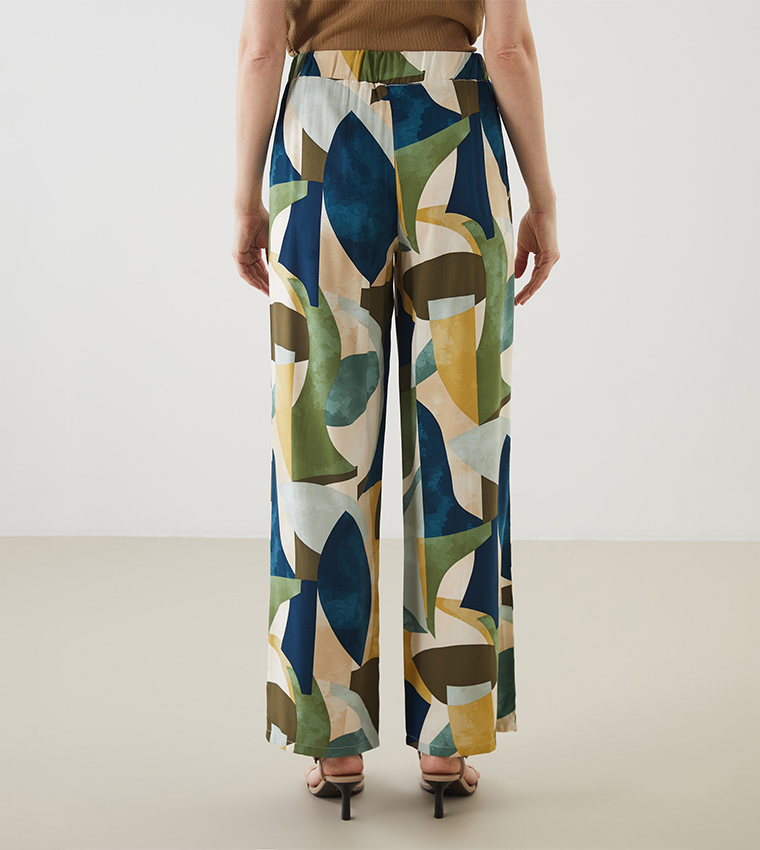 Patterned Elastic Waist Wide Leg Pants