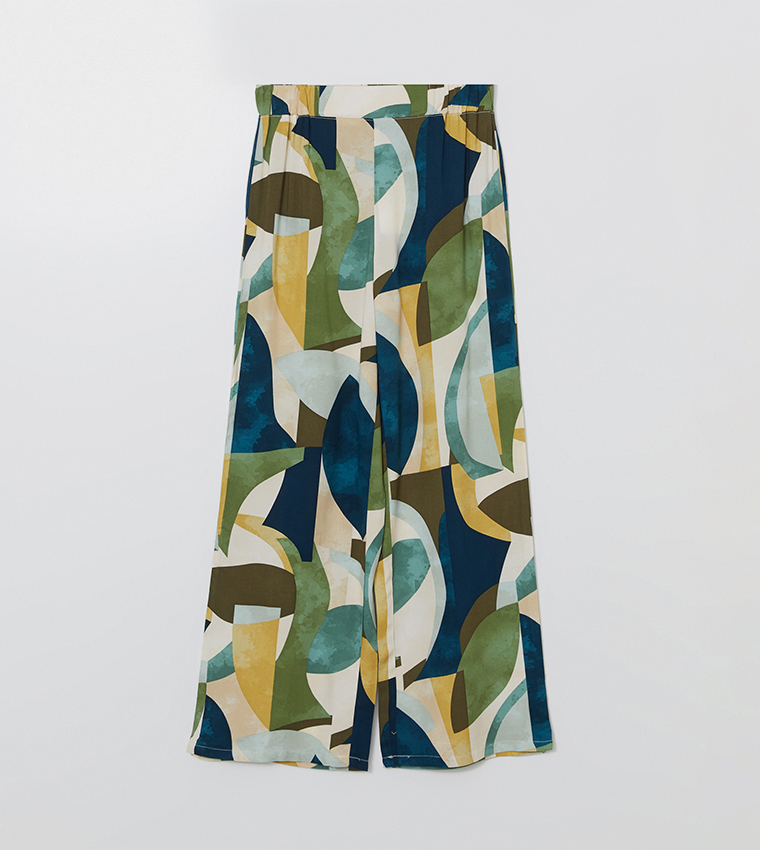 Patterned Elastic Waist Wide Leg Pants
