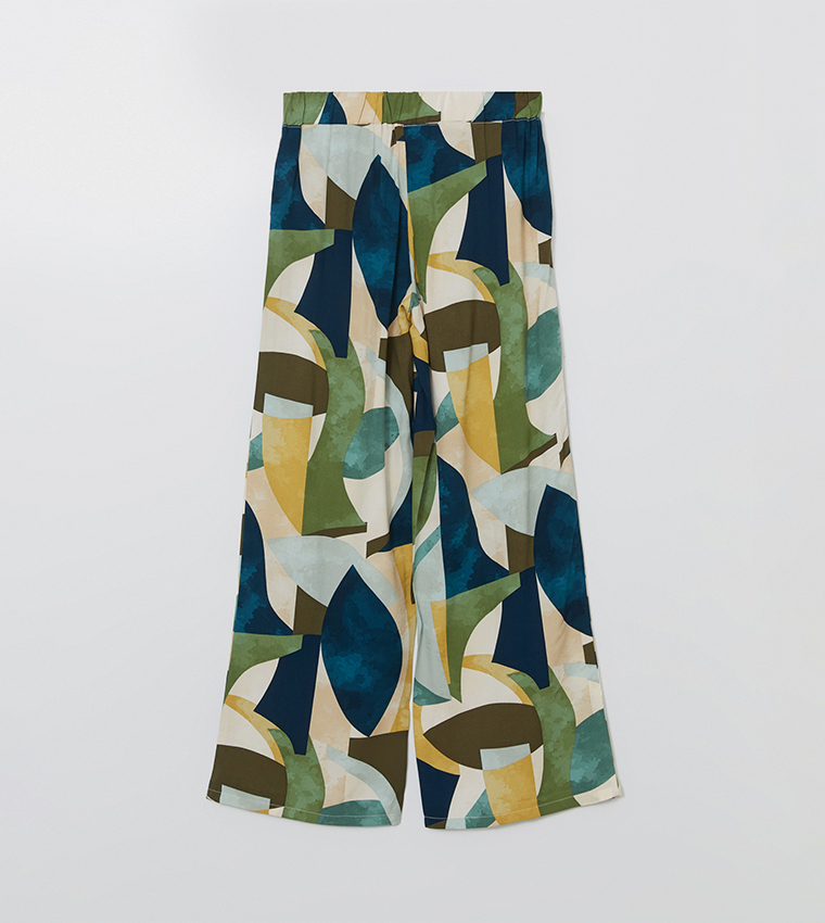 Patterned Elastic Waist Wide Leg Pants