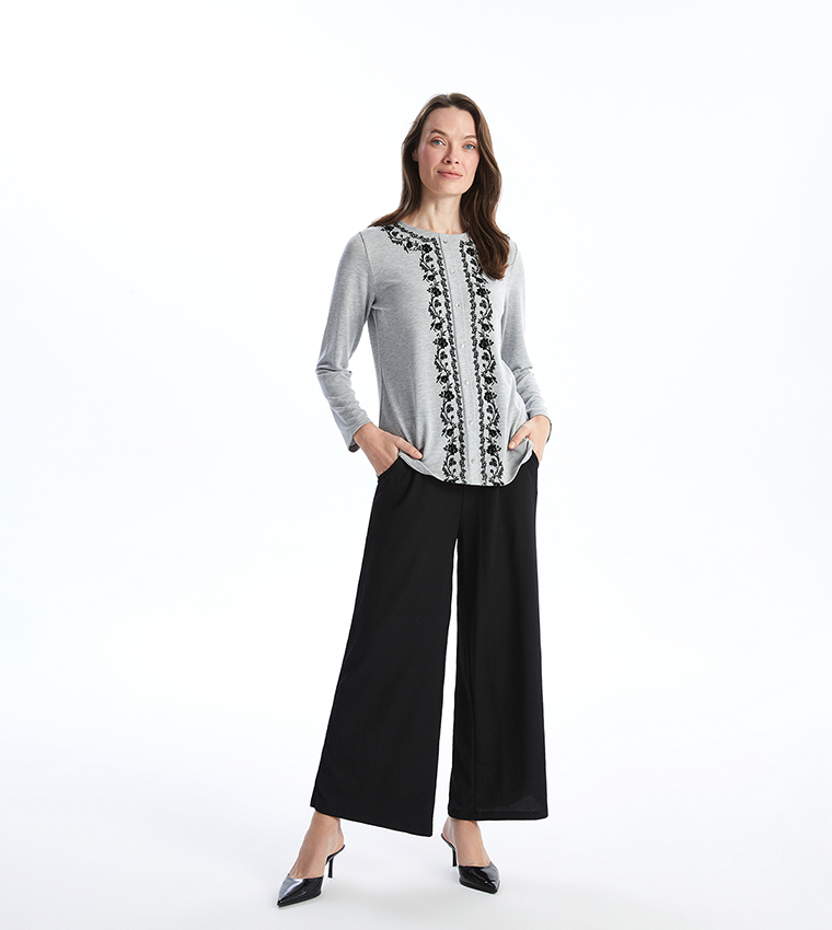 Textured Elastic Waist Wide Leg Trousers