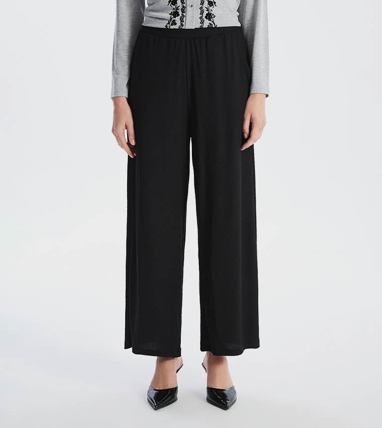 Textured Elastic Waist Wide Leg Trousers