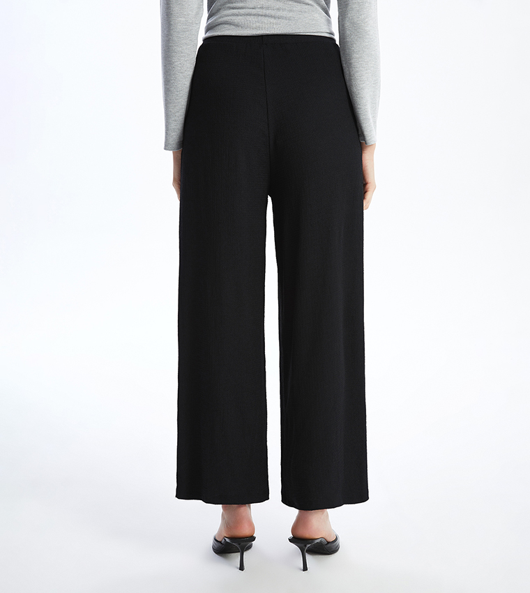 Textured Elastic Waist Wide Leg Trousers