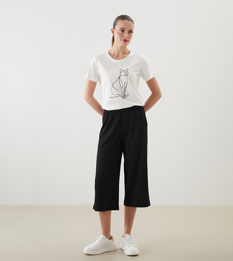 Solid Elastic Waist Capris