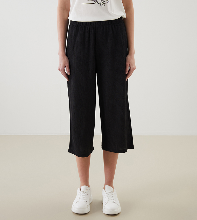 Solid Elastic Waist Capris