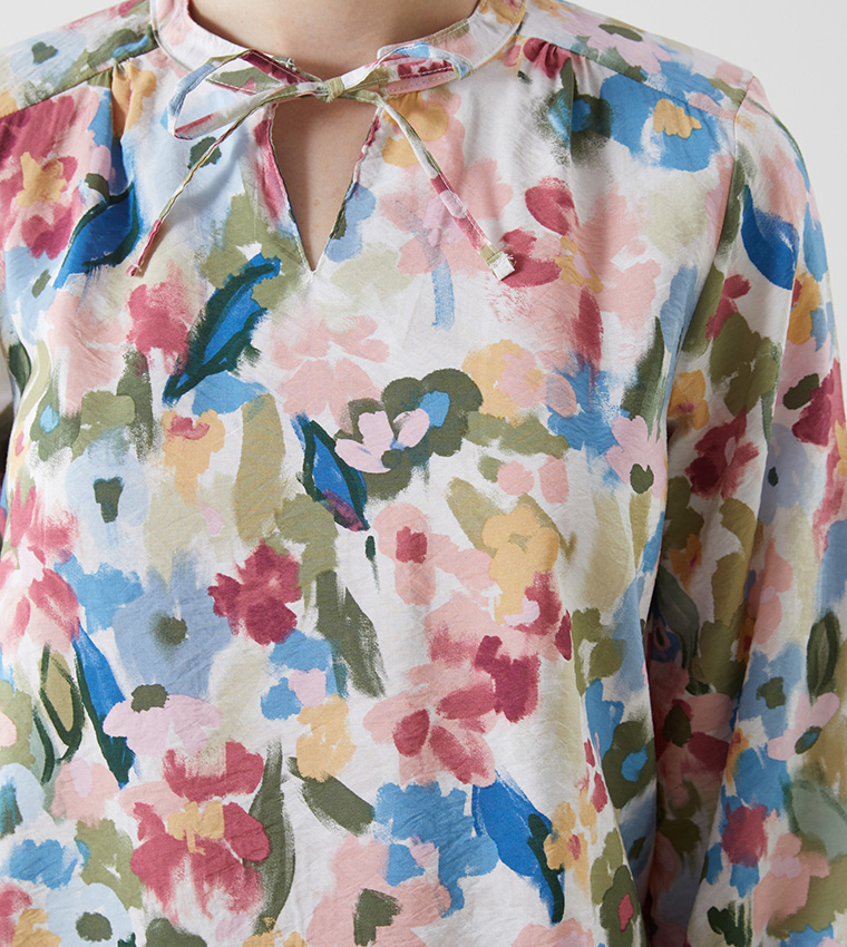 Patterned Tie-Up Neck Long Sleeves Top