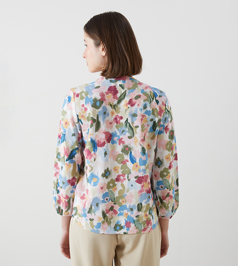 Patterned Tie-Up Neck Long Sleeves Top