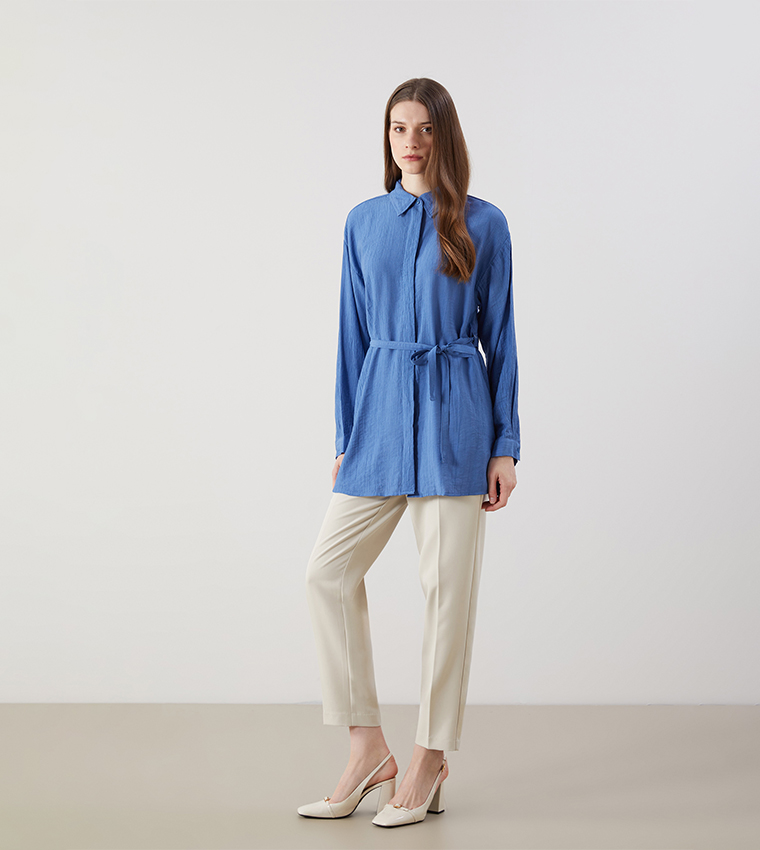 Solid Long Sleeves Belted Tunic Shirt
