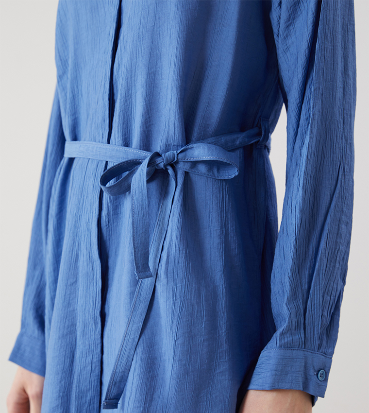 Solid Long Sleeves Belted Tunic Shirt