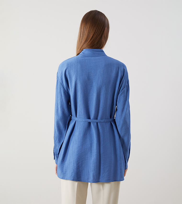Solid Long Sleeves Belted Tunic Shirt