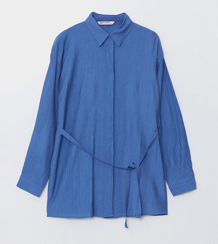 Solid Long Sleeves Belted Tunic Shirt