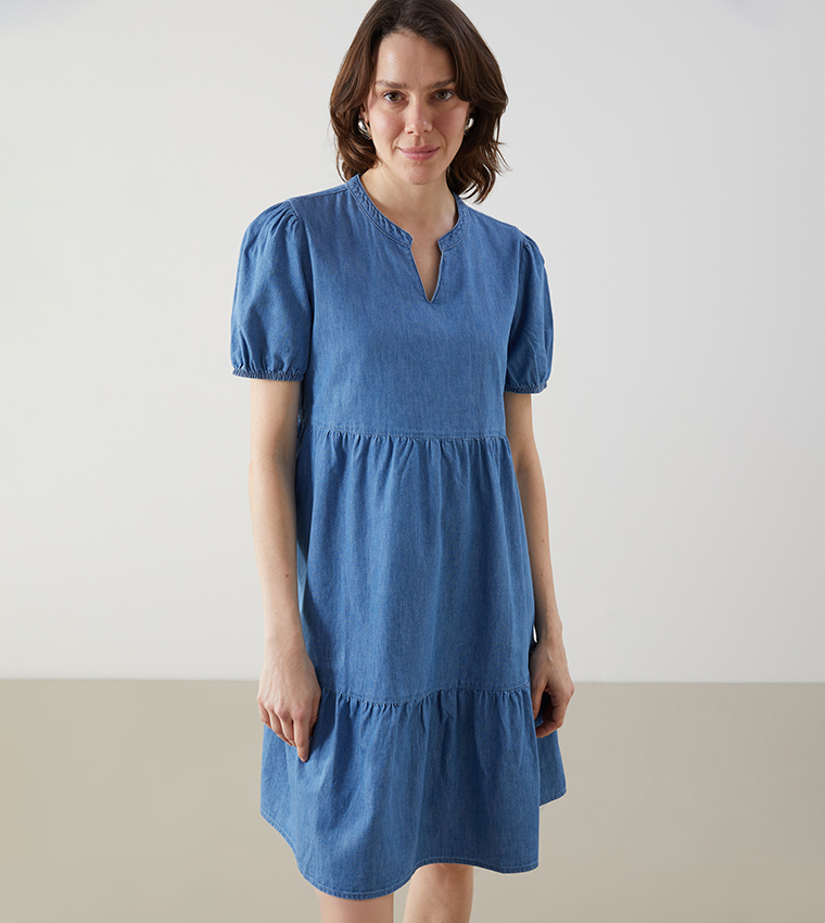 Crew Neck Short Sleeves Mini Denim Dress