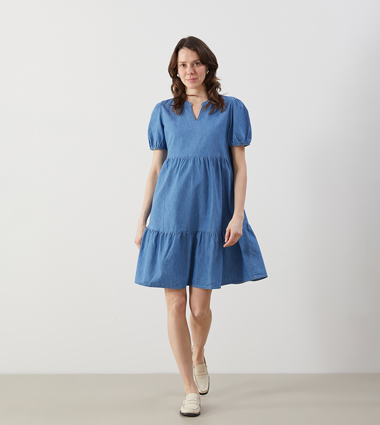 Crew Neck Short Sleeves Mini Denim Dress