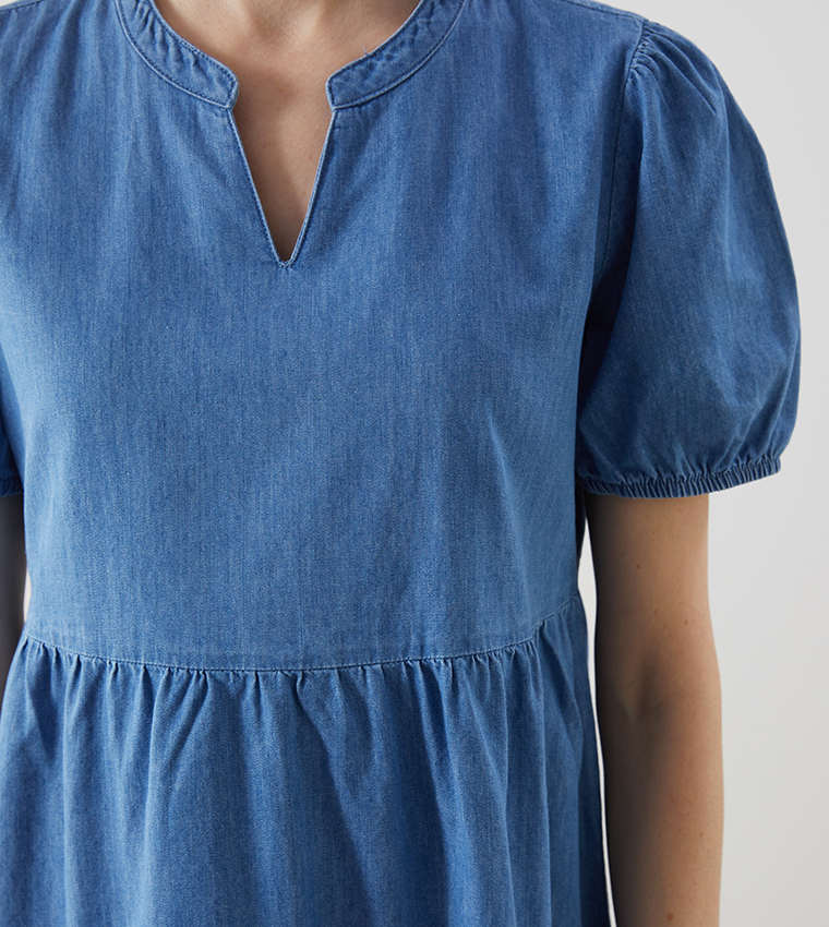 Crew Neck Short Sleeves Mini Denim Dress