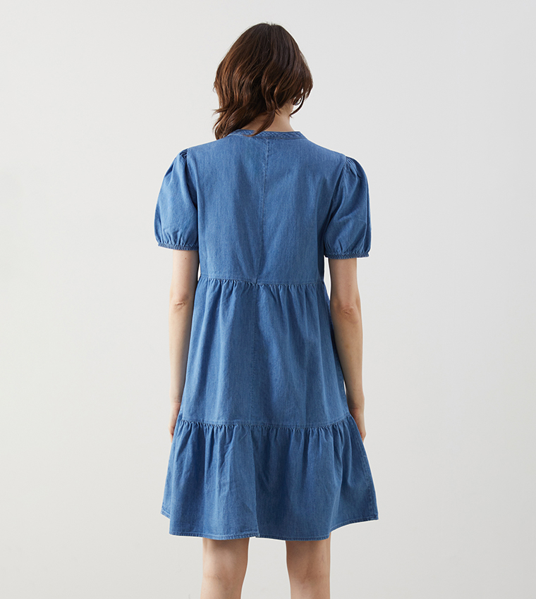 Crew Neck Short Sleeves Mini Denim Dress