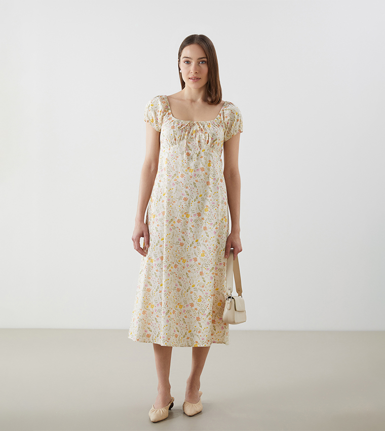 Buy LC Waikiki Floral Printed Scoop Neck Midi Dress In Yellow