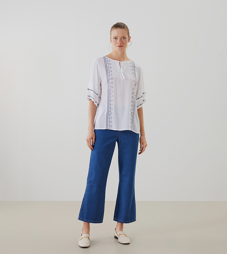 Embroidered Tie-Up Neck Crinkle Top