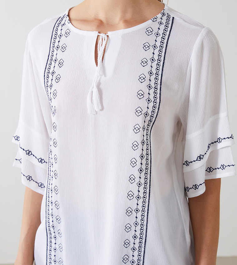 Embroidered Tie-Up Neck Crinkle Top