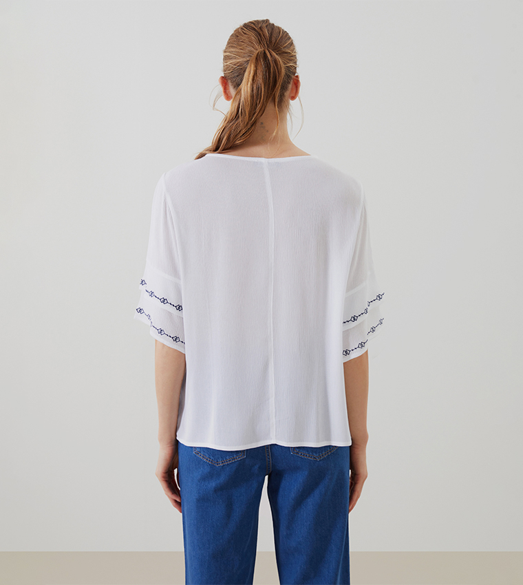 Embroidered Tie-Up Neck Crinkle Top