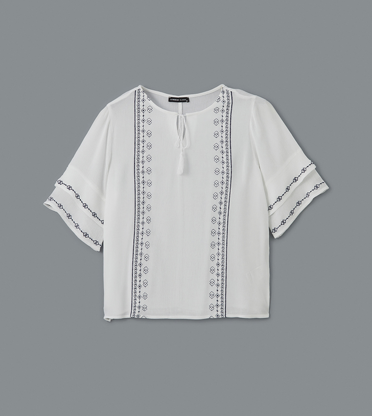 Embroidered Tie-Up Neck Crinkle Top