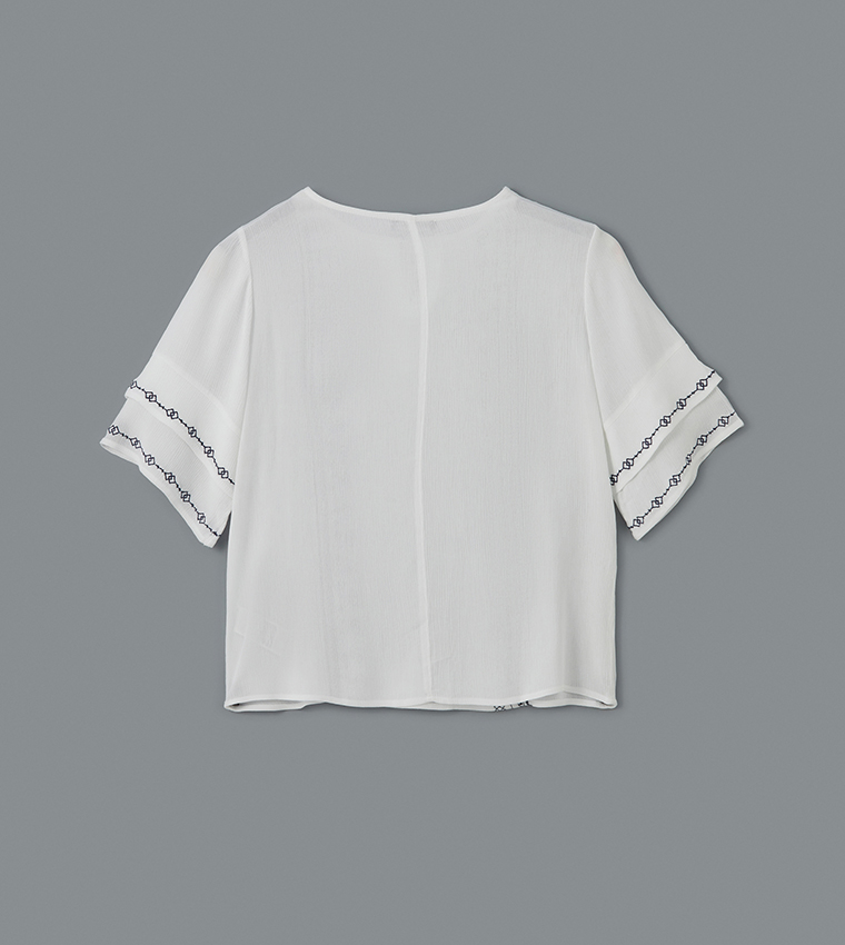 Embroidered Tie-Up Neck Crinkle Top