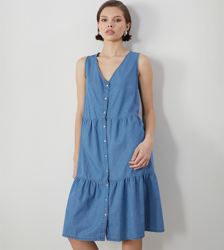Washed V-Neck Tiered Denim Dress