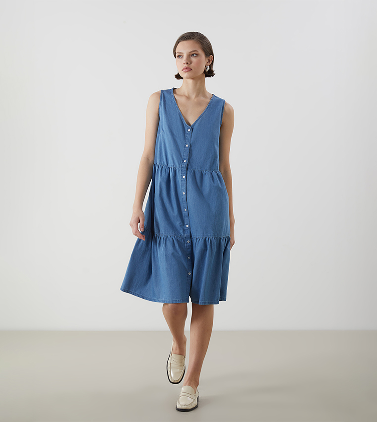 Washed V-Neck Tiered Denim Dress