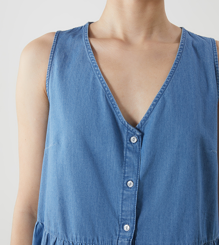 Washed V-Neck Tiered Denim Dress