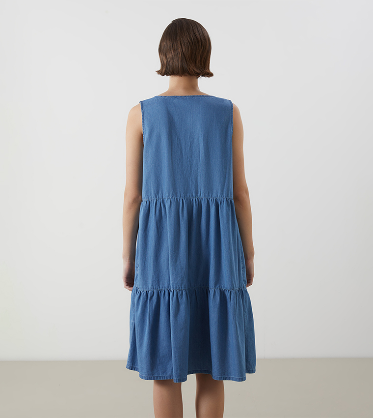 Washed V-Neck Tiered Denim Dress