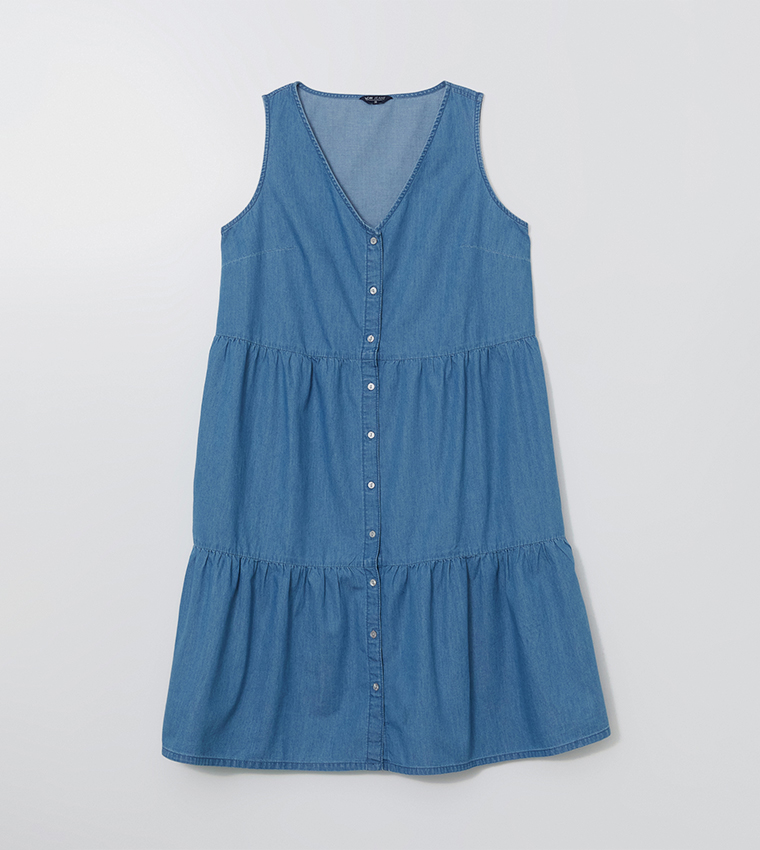 Washed V-Neck Tiered Denim Dress