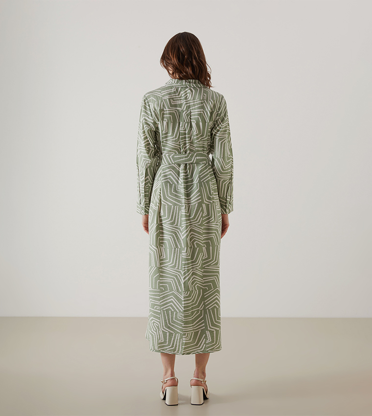 Patterned Belted Shirt Dress