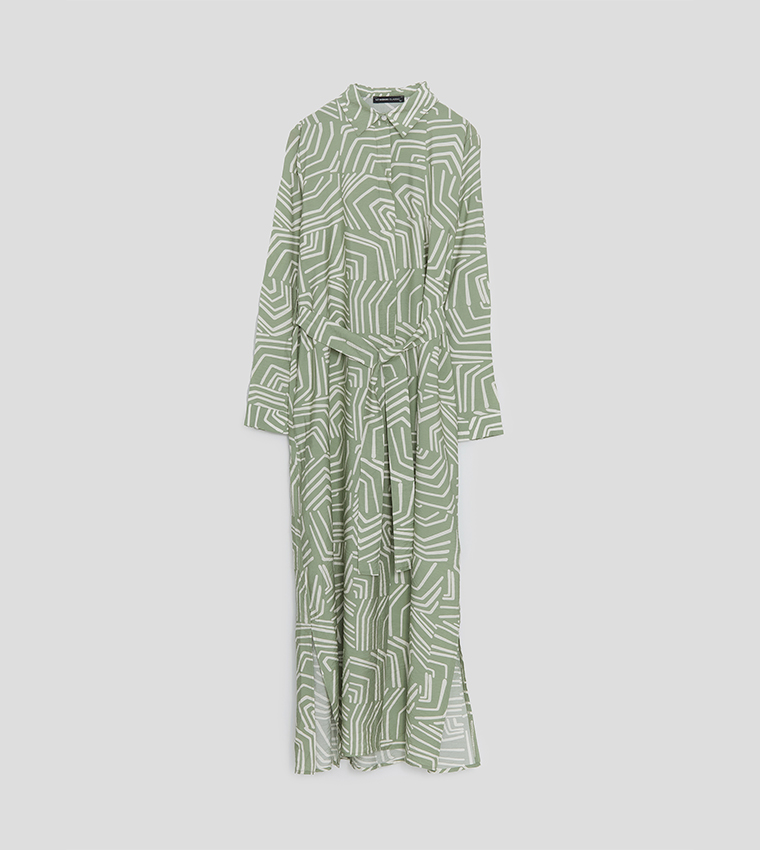 Patterned Belted Shirt Dress