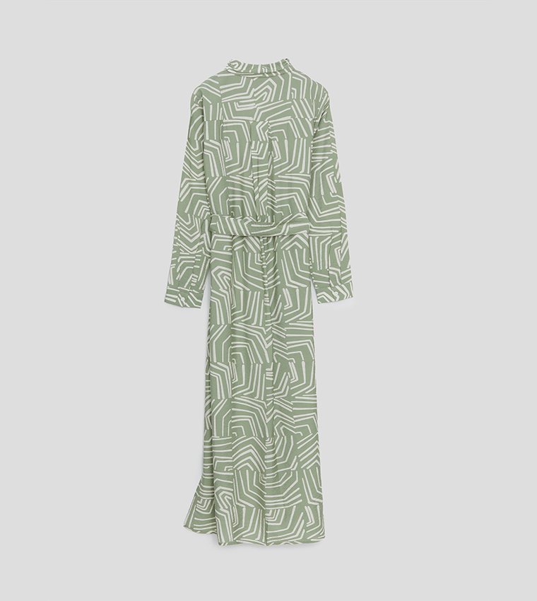 Patterned Belted Shirt Dress