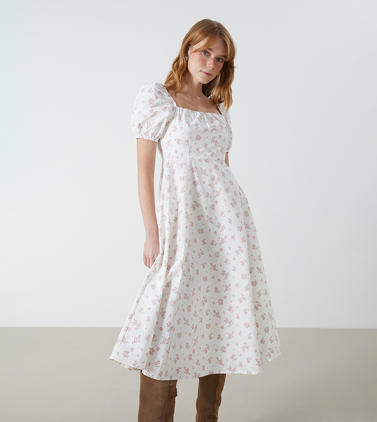 Floral Print Square Neck Midi Dress