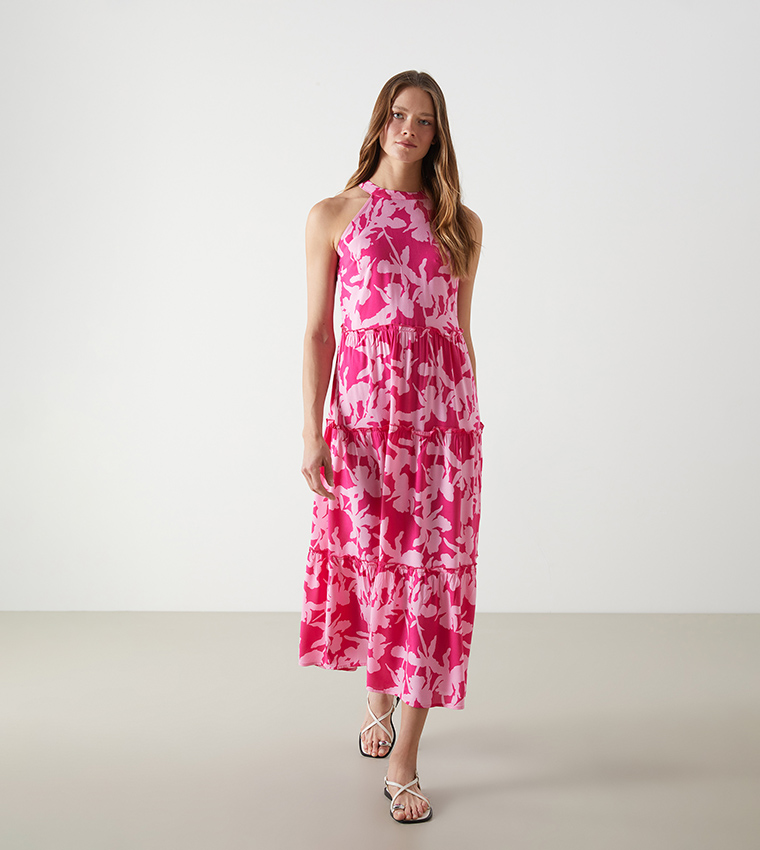 Patterned Halterneck Tiered Dress