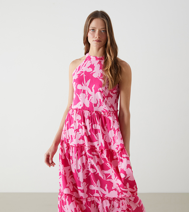 Patterned Halterneck Tiered Dress
