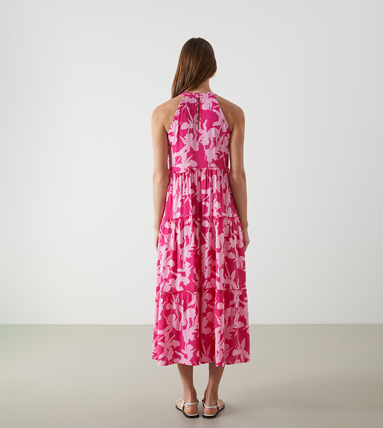 Patterned Halterneck Tiered Dress