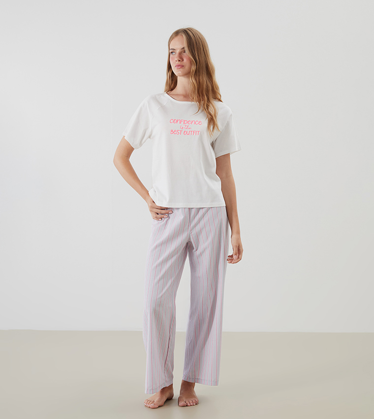 Embroidered Crew Neck Pyjama Set