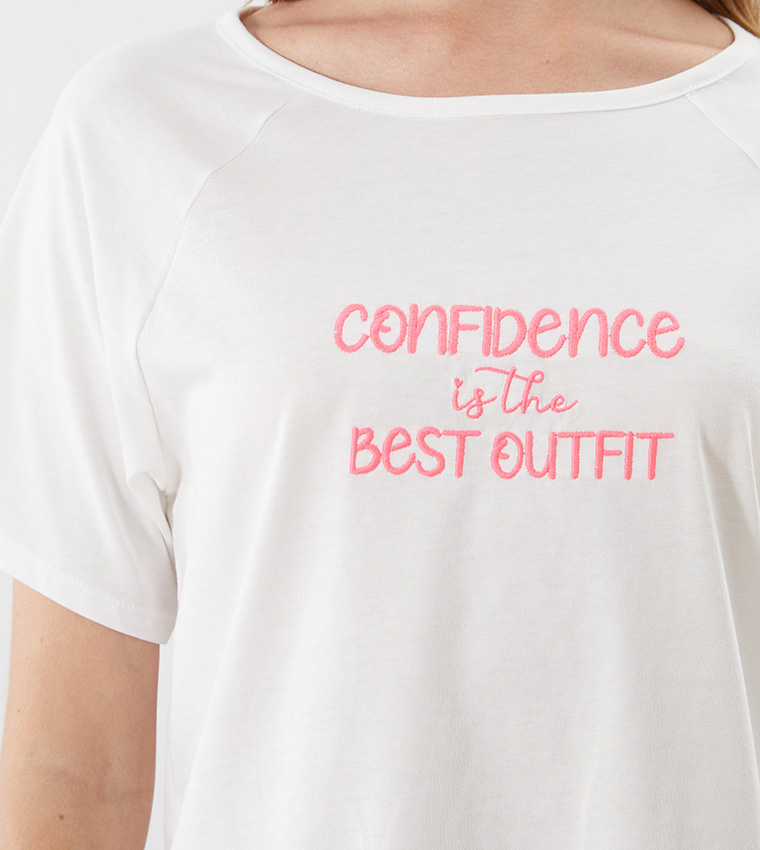 Embroidered Crew Neck Pyjama Set