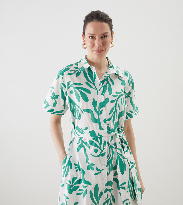 Printed Belted Woven Shirt Dress