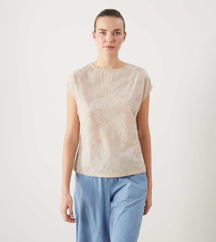 Embroidered Crew Neck Top