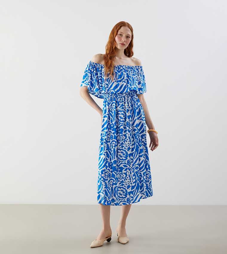 Patterned Off Shoulder Midi Dress