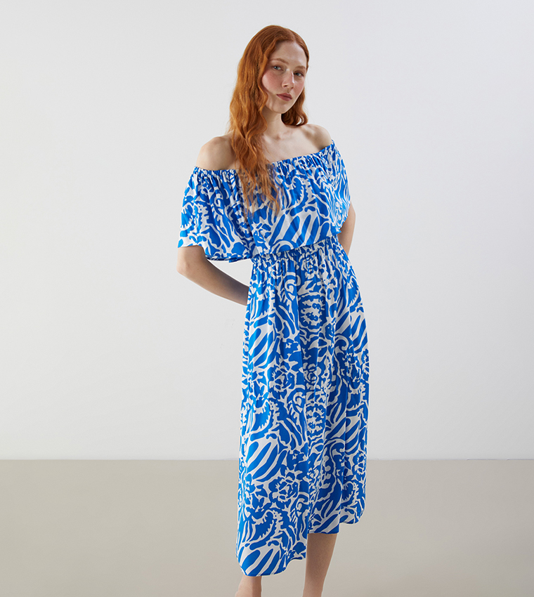 Patterned Off Shoulder Midi Dress