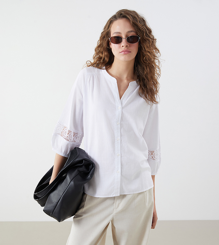 Solid Crochet Detail Mandarin Collar Shirt