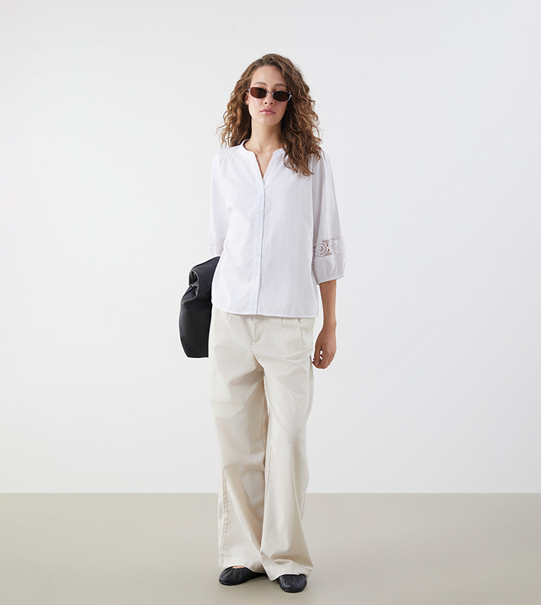 Solid Crochet Detail Mandarin Collar Shirt
