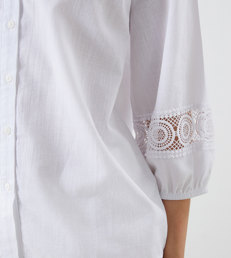 Solid Crochet Detail Mandarin Collar Shirt
