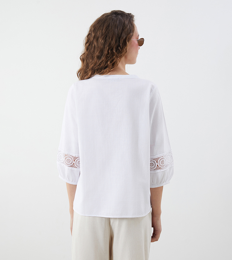 Solid Crochet Detail Mandarin Collar Shirt