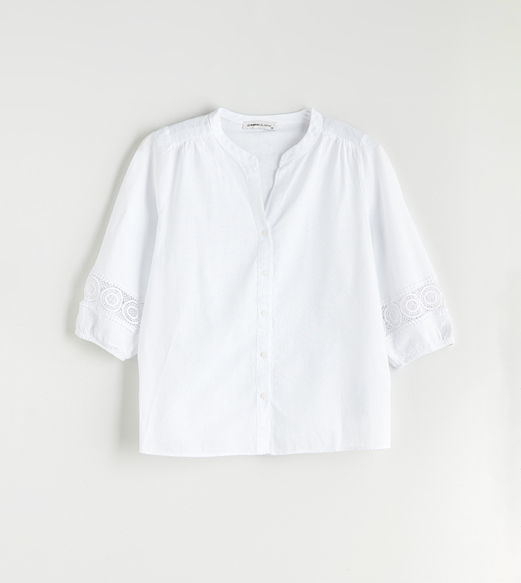 Solid Crochet Detail Mandarin Collar Shirt