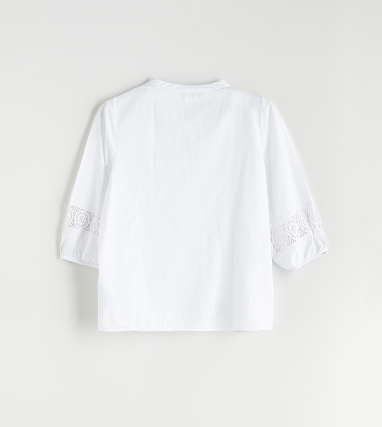 Solid Crochet Detail Mandarin Collar Shirt