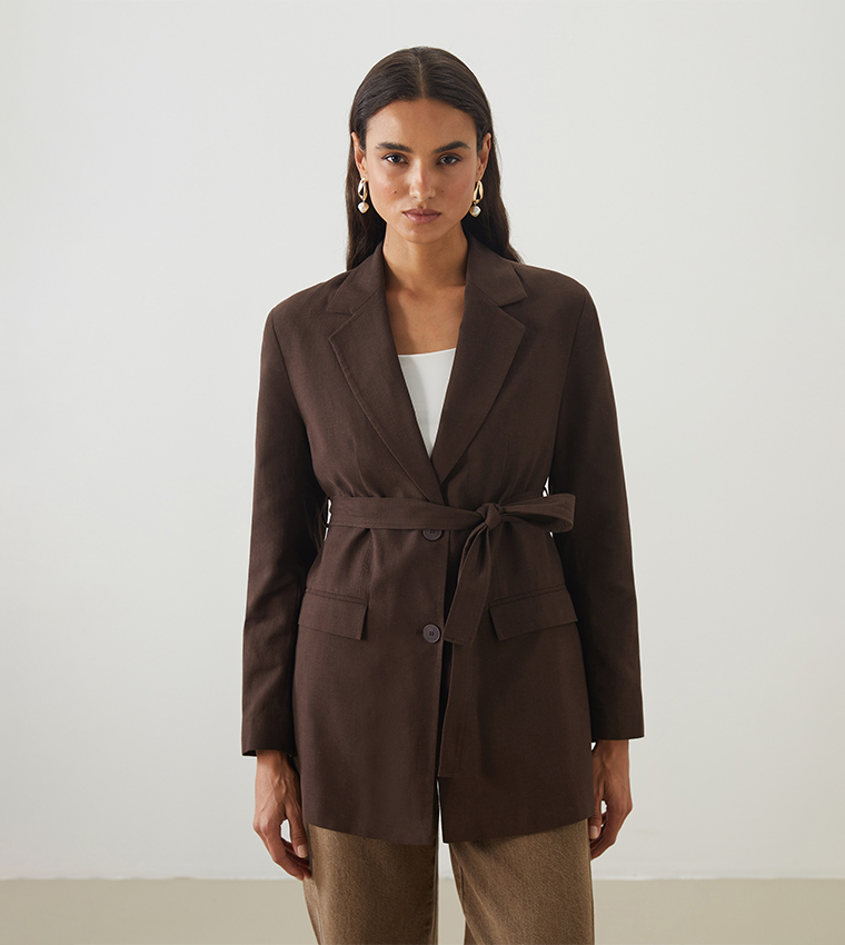 Belted Linen Blend Blazer